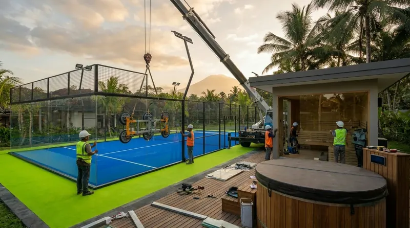 Pemasangan kaca tempered 12mm lapangan padel Medan